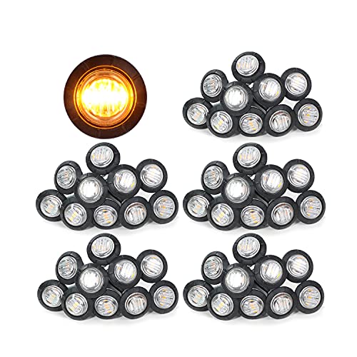 MADCATZ (Pack of 50 3/4 Inch Mini Clear Lens Amber 3 LED Round Button Side Marker Indicator Lights Extra Bright with Black Rubbers for Boat Truck Trailer RV Caravan Pickup Shockproof 12V DC