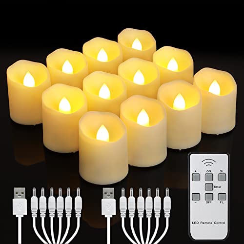 Rechargeable Flameless Votive Candles with Timer & Remote, 12pcs Flickering LED Tea Lights Candles with 2 USB Charging Cables, Warm White Light Electric Fake Candle for Home, Christmas Festival Decor