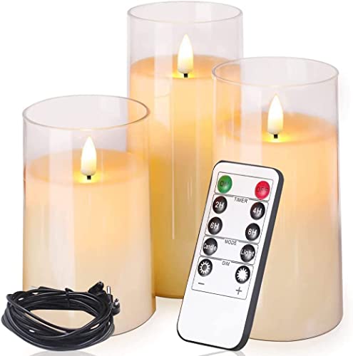 Glass Flameless Candles, Rechargeable Battery Operated Candles with 10-Key Remote Control, Flickering LED Pillar Candles Ivory for Wedding Festival Home Decoration