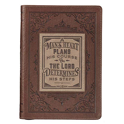 Classic Faux Leather Journal A Man's Heart Proverbs 16:9 Bible Verse Brown Inspirational Notebook, Lined Pages w/Scripture, Ribbon Marker, Zipper Closure