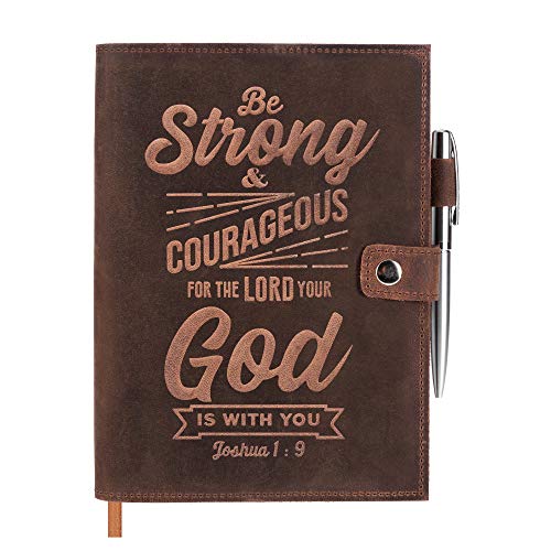 Moonster Refillable Leather Journal Lined Notebook  Journals for Men w/Joshua 1v9 Embossed Bible Verse  Leather Notebook with Pen Holder - Includes 320 Pages Milled A5 Ruled Paper & Luxury Pen