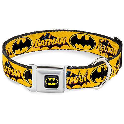 Buckle-Down Seatbelt Buckle Dog Collar - Vintage Batman Logo & Bat Signal-3 Yellow - 1" Wide - Fits 15-26" Neck - Large