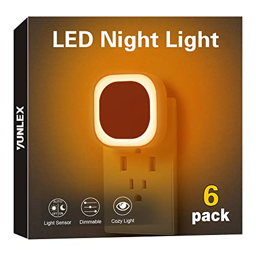 YUNLEX 6 Pack Plug in Dimmable Night Light, Square Nightlight, Auto Dusk to Dawn Sensor, LED Wall Night Light, Soft Glow, Amber Night Light for Bathroom, Hallway, Stairs, Kitchen, Bedroom, Garage
