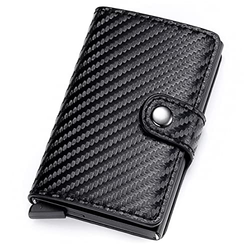 YWHBK Credit Card Holder, Mens Card Holder,Leather Wallets for Men Slim Front Pocket Anti-Theft RFID Auto Pop up Metal Card Case Wallet Small Money Clip (Black Leather+Aluminum hold 7-8 Cards)
