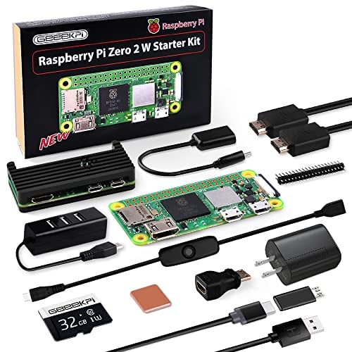 GeeekPi Raspberry Pi Zero 2 W Starter Kit, with RPi Zero 2 W Aluminum Case, 32GB Card Preloaded OS, QC3.0 Power Supply, 20Pin Header, Micro USB to OTG Adapter, HDMI Cable, Heatsink, Switch Cable