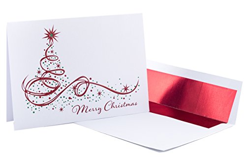 Christmas Cards - Merry Christmas Tree -Box of 20 Red Embossed Foil Premium Cards and Foil Lined Envelopes -Thicker Cardstock and Envelopes 350gsm