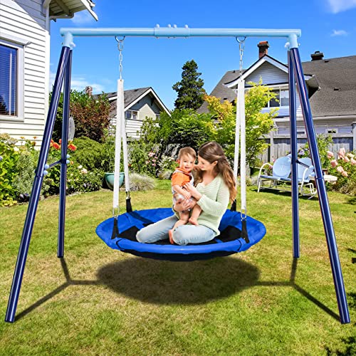 JYGOPLA 500lbs Saucer Swing with Frame, Kids Swing Set for Outdoor Backyard,1 45'' Saucer Tree Swing + 1 Heavy Duty Metal Swing Frame(Blue)