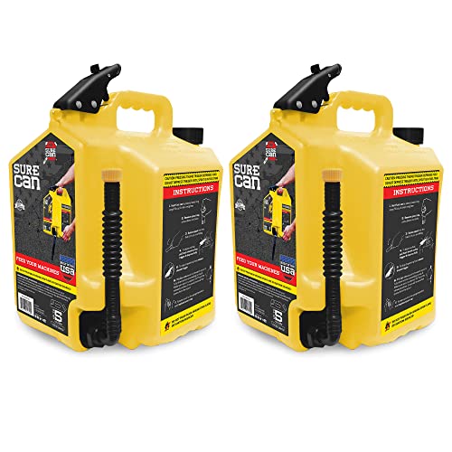 SureCan 5gal Self Venting Gasoline Fuel Can Container w/180 Degree Rotating Nozzle, Thumb Trigger Flow Control, & Child Safe Fill Cap, Yellow (2 Pack)