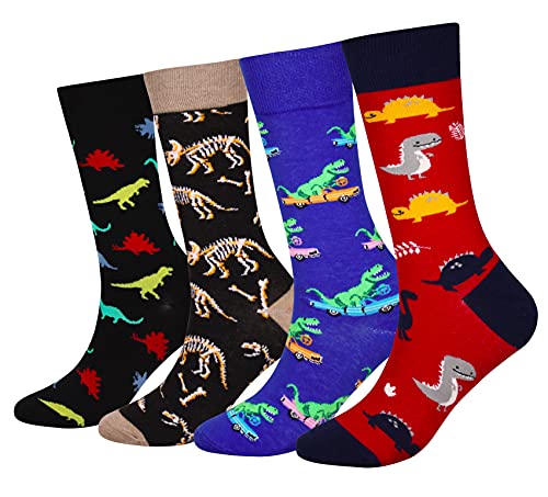 Wish Island Men's 4/5 Packs Fun Crazy Animal Socks Dinosaur Gifts Novelty Casual Dress Socks (Dinosaur - 4 pairs)