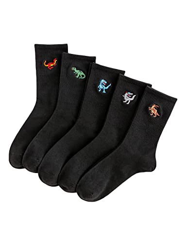 WDIRARA Men's 5 Pairs Dinosaur Embroidered Crew Socks Casual Cartoon Print Crew Socks Black one-size