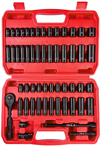 WETT 1/4" Drive Impact Socket Set, 55 Piece, SAE/Metric, Deep/Shallow, Cr-V Steel, 6 Point, (5/32"-9/16", 4-15mm) Socket with Extension bar, Universal Joint, Socket Adapter and Ratchet Handle
