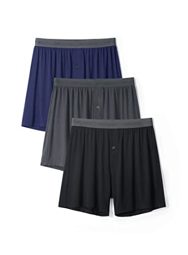 DAVID ARCHY Mens Underwear Bamboo Boxers for Men Breathable and Cool Men's Boxer Shorts with Button Fly 3 Pack (L,Navy Blue/Black/Dark Gray)