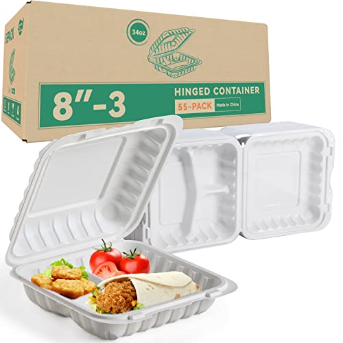 LEOBOX To Go Containers, 55 Pack BPA Free Biodegradable 3 Compartment Food Container 34 oz Clamshell Take Out Containers