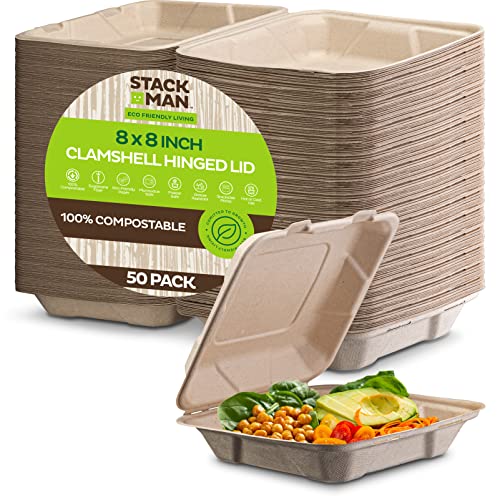 100% Compostable Clamshell Take Out Food Containers [8X8" 50-Pack] Heavy-Duty Quality to go Containers, Natural Disposable Bagasse, Eco-Friendly Biodegradable Made of Sugar Cane Fibers