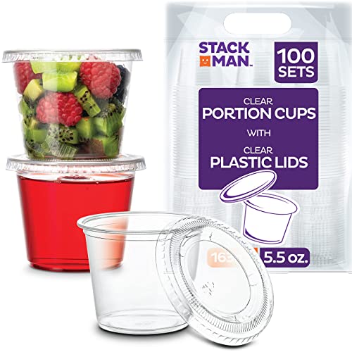 [100 Sets - 5.5 oz.] Plastic Clear Portion Cups, Snack / Yogurt /Parfait/ Pudding / Souffle /Dessert Cups, Disposable Containers with Lids 5.5oz.