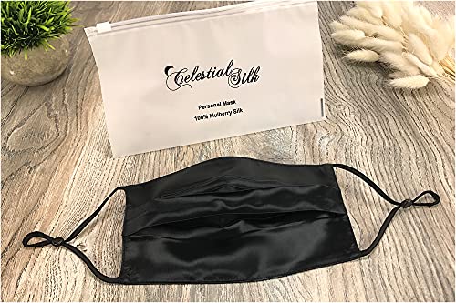 Celestial Silk 100% Mulberry Silk Face Mask with Nose Wire - Reusable Pure 22 Momme Silk Face Covering with Adjustable Ear Loops, Washable (Pleated with Nose Wire, Black)