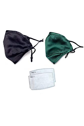 Jeelow 2Pcs 100% Silk Mulberry Face Mask Covering Cloth Washable Reusable Nose Wire Filter Pocket (Green+Black)