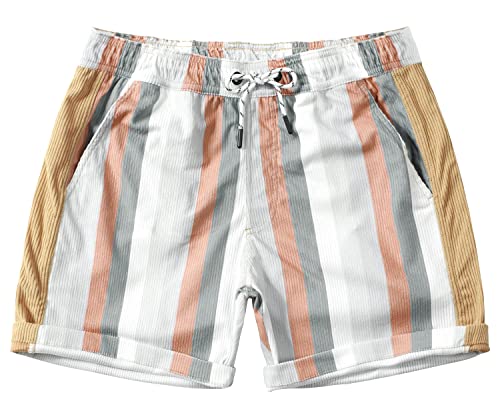 JOTOOK Men's Casual Drawstring Corduroy Shorts Elastic Waist Summer Shorts with Pocket Printed Shorts Medium Grey White Stripe