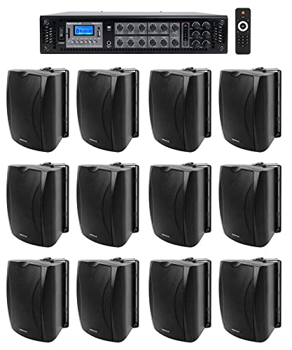 Rockville (12) 6.5" Black Commercial 70v Wall Speakers+Amp for Restaurant/Office/Cafe/Bar