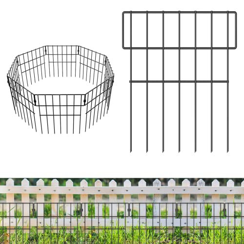 10 Panels Animal Barrier Fence - No Dig Garden Decorative Fence Rustproof Metal Wire Panel Border for Dog Rabbits Ground Stakes Defense and Outdoor Patio, T Shape. Total Length 17 in(H) X 10.8 Ft(L)