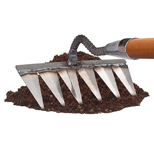 Aeihevo Dethatcher Carbon Garden Hand Rake,Metal Heavy Duty Tine Rake, Dethatching, Weeding, Acreage Rake, Rock, Gravel, Root & Garden Cultivator Rake, 4/5/6/7 Tines