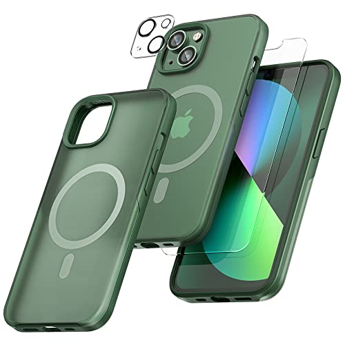 TAURI [5 in 1 Magnetic Case for iPhone 13 [Military Grade Drop Protection] with 2X Tempered Screen Protector +2X Camera Lens Protector, Translucent Matte Slim Fit iPhone 13 Mag-Safe Case 6.1-Green