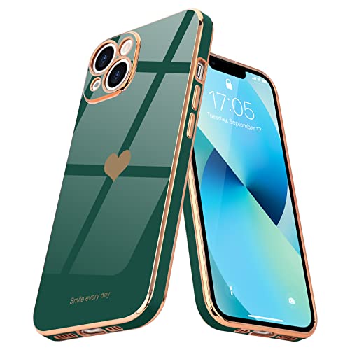 Teageo Compatible with iPhone 13 Case for Girl Women Cute Love-Heart Luxury Bling Plating Soft Back Cover Raised Camera Protection Bumper Silicone Shockproof Phone Case for iPhone 13, Darkish Green