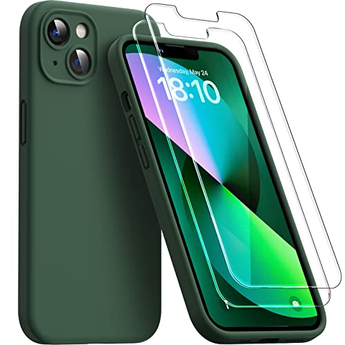 HATOSHI for iPhone 13 Case, Liquid Silicone Upgraded [Camera Protection] with [2 Screen Protectors], Soft Anti-Scratch Microfiber Lining Shockproof Phone Case for iPhone 13 6.1 inch, Alpine Green
