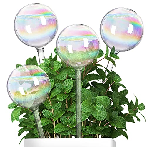 Sawowkuya 4 Pcs Plant Watering Globes, 9 Inch Iridescent Self Watering Planter Insert, Glass Plant Watering Devices for Indoor and Outdoor Plants Accessories