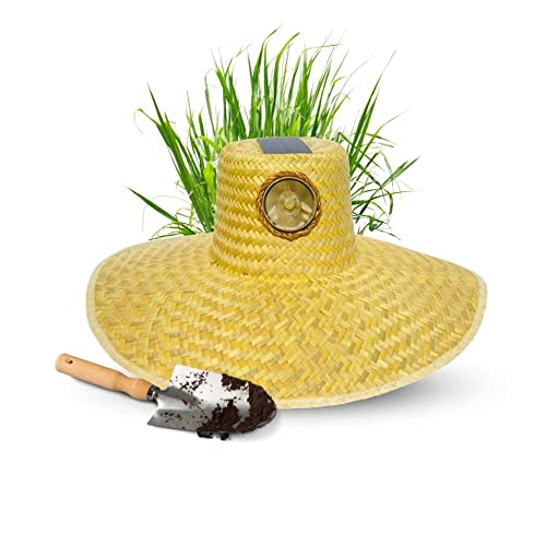 KOOL BREEZE SOLAR HAT Plain Gardener Straw Hat - Solar Panel Hat - Hat with Fan - Solar Powered Fan Hat