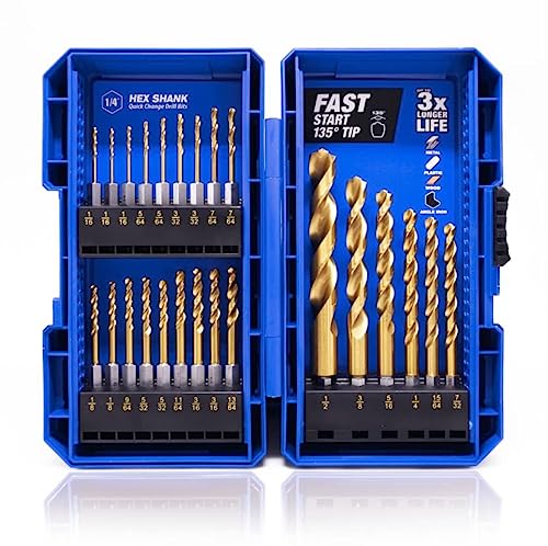 JEFE HEX 24 Pieces Hex Shank Drill Bit Set for Impact Driver, HSS Twist Titanium Drill Bits for Metal, Hex Drive Quick Change Drill Bits Set Ideal for Steel, Copper, Aluminum, Zinc Alloy, Wood and Plastics