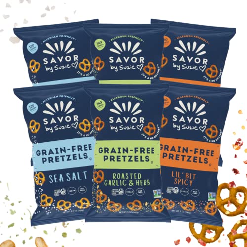 Savor by Suzie, Gluten-Free Pretzel Twists - Grain Free, Nut Free, Non-GMO Vegan, Sugar Free Paleo Snacks, Variety (Salt, Garlic, Spicy), 6-pack