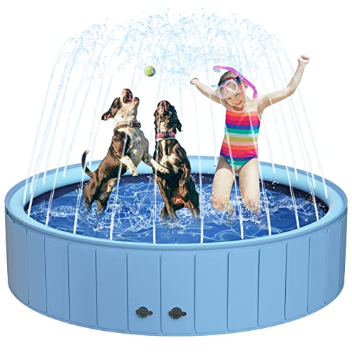 UCCY Foldable Dog Pools, Plastic Dog Swimming Pool with Sprinkler for Large Medium Small Pets Dogs & Kids Summer Outdoor Water Playing (XL - 63''x12'', Blue)