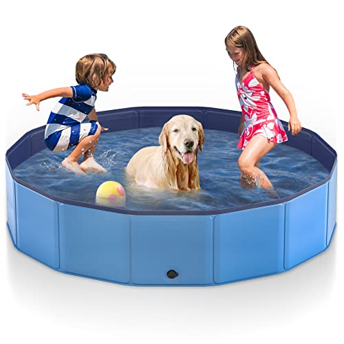 71" Foldable Dog Pool for Large Dogs, Portable Hard Plastic PVC Pet Bathing Tub, Outdoor Collapsible Swimming Pool for Pets Dogs and Cats, 71 x 12 Inches