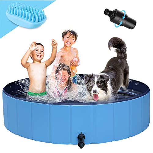 Arlopu Foldable Dog Pool, Non-Slippery Collapsible Kiddie Swimming Tub, Portable Pet Bathing Pool,Hard PVC Leakproof Water Pool W/Brush&Water Pipe Connector,Indoor Outdoor for Dog, Cat 63''/48''/32