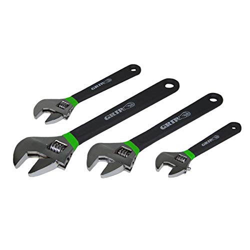 Grip 4 pc Chrome Adjustable Wrench Set MM & SAE - Sizes Include: 6", 8", 10", 12" - Heavy Duty Carbon Steel - Precision Machine Jaws - Double Dipped Cushion Grips - Home, Garage, Workshop