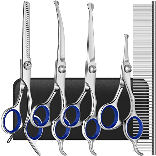 Dog Grooming Scissors Kit with Safety Round Tips, 4CR Stainless Steel Professional 6 in 1 Grooming Scissors for Dogs, Heavy Duty Titanium Coated Sharp & Durable Dog Thinning Shears For Pets, Blue