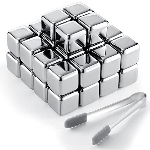 Reusable Ice Cubes Metal Ice Cube Stainless Steel Whiskey Ice Cube with Ice Tongs Metal Chilling Rocks for Drinks Whiskey Vodka Liqueurs Wine Not Solid (36 Pcs)