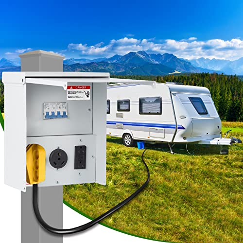 TOPSEENG Prewired Temporary Power Outlet Panel - Lockable Enclosed RV Breaker Box with 20, 30, 50 Amp Receptacle Installed, NEMA 3R Enclosure Weatherproof Plug for Temporary Hookup Camper Trailer