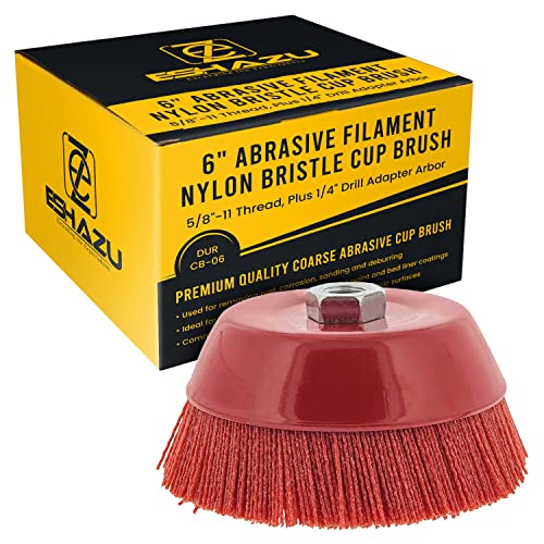 Eshazu 6" Inch Abrasive Filament Nylon Bristle Cup Brush - Coarse Sanding Scuffing Brush, 5/8" 11 Thread - Remove Paint, Rust, Corrosion - Surface Prepping for Truck Bed Liner Coatings