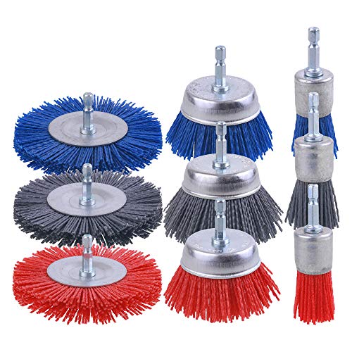 Rocaris 9 Pack Nylon Filament Abrasive Wire Brush Wheel & Cup Brush Set with 1/4 Inch Hex Shank, for Removal of Rust/Corrosion/Paint - 80 Grit, 120 Grit, 240 Grit