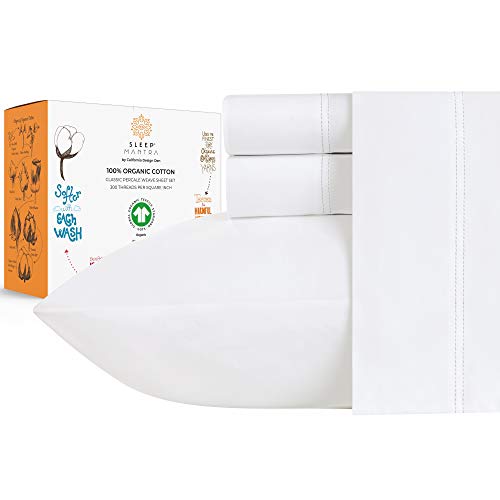 Sleep Mantra 100% Organic Cotton Bed Sheet Set - Crisp and Cooling Percale Weave, Soft Breathable, Eco-Friendly, 4 Piece Bedding Set, Deep Pocket with All-Around Elastic, (King, Pure White)