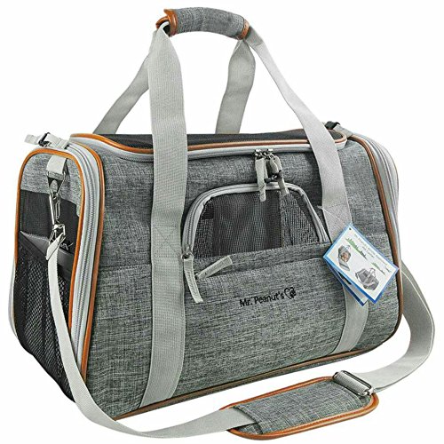 Mr. Peanut's Airline Approved Soft Sided Pet Carrier - Luxury Travel Tote with Premium Self Locking Zippers - Plush Faux Fleece Bedding with a Sturdy Plywood Base, 18LX10WX11 H (Sunset Gray)