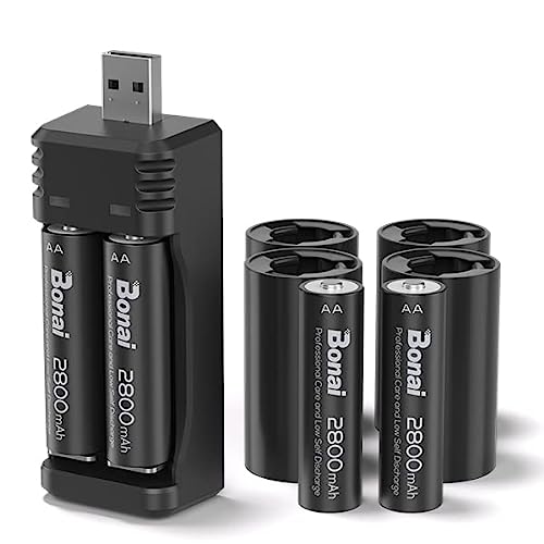 BONAI C Battery Converter with 4 AA Rechargeable Battery Charger Set, Rechargeable C Batteries 4P with Charger