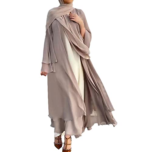 Abayas for Women Muslim Dubai Dress Solid Loose Fit Long Cardigan Islamic Kaftan Robe Khaki XL