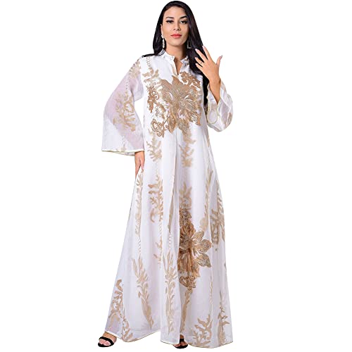 OBEEII Muslim Dress for Women Full Cover Long Sleeve Islamic Arab Maxi Dress Abaya Kaftan Clothes White Large