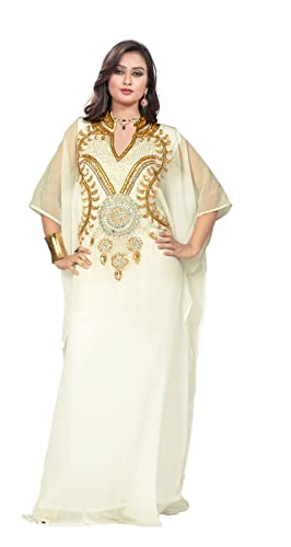 KoC Chiffon Womens Kaftan Farasha Caftan Long Wedding Dress Beach Wear - Ivory