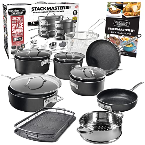 Granitestone 15 Piece Stackmaster Ultra Non stick Cookware Set, Pots and Pans Kitchen Set with Cool Touch Handles, Dishwasher-safe, Oven-safe Cookware Sets 100% PFOA-Free As Seen On TV