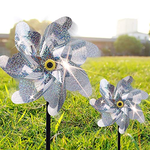 BATTIFE 10 Pack Reflective Pinwheels for Yard and Garden, Pre-Installed Bird Blinder Sparkly Pin Wheel, Scare Birds & Animal Away Wind Spinner (Sliver)