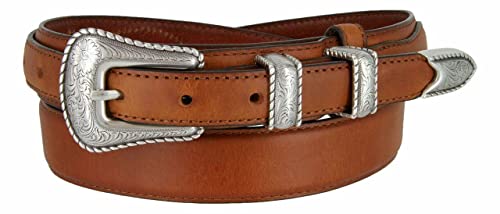 Silver Engraved Rope Edge Buckle Set Oil-Tanned Genuine Leather Western Ranger Belt (Tan, 40)